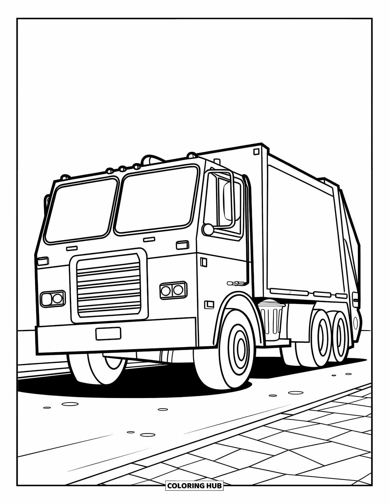 Trash Truck Coloring Page for Kids: A simple truck with a small bin sits on a paved street