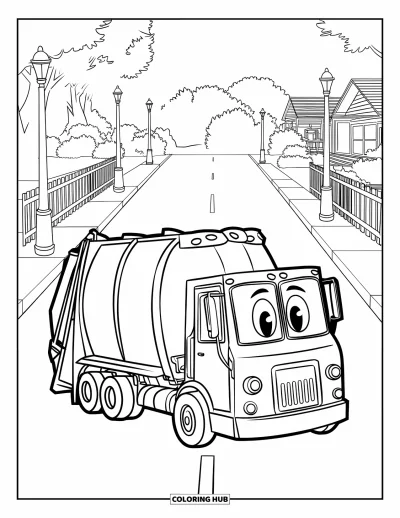 Coloriage de camion poubelle pour enfants : Un camion souriant effectue un demi-tour dans une rue calme bordée de clôtures et de lampadaires