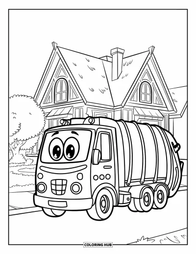 Coloriage de camion poubelle pour enfants : Un camion souriant se gare près d'une jolie maison avec une grande benne sous un ciel dégagé