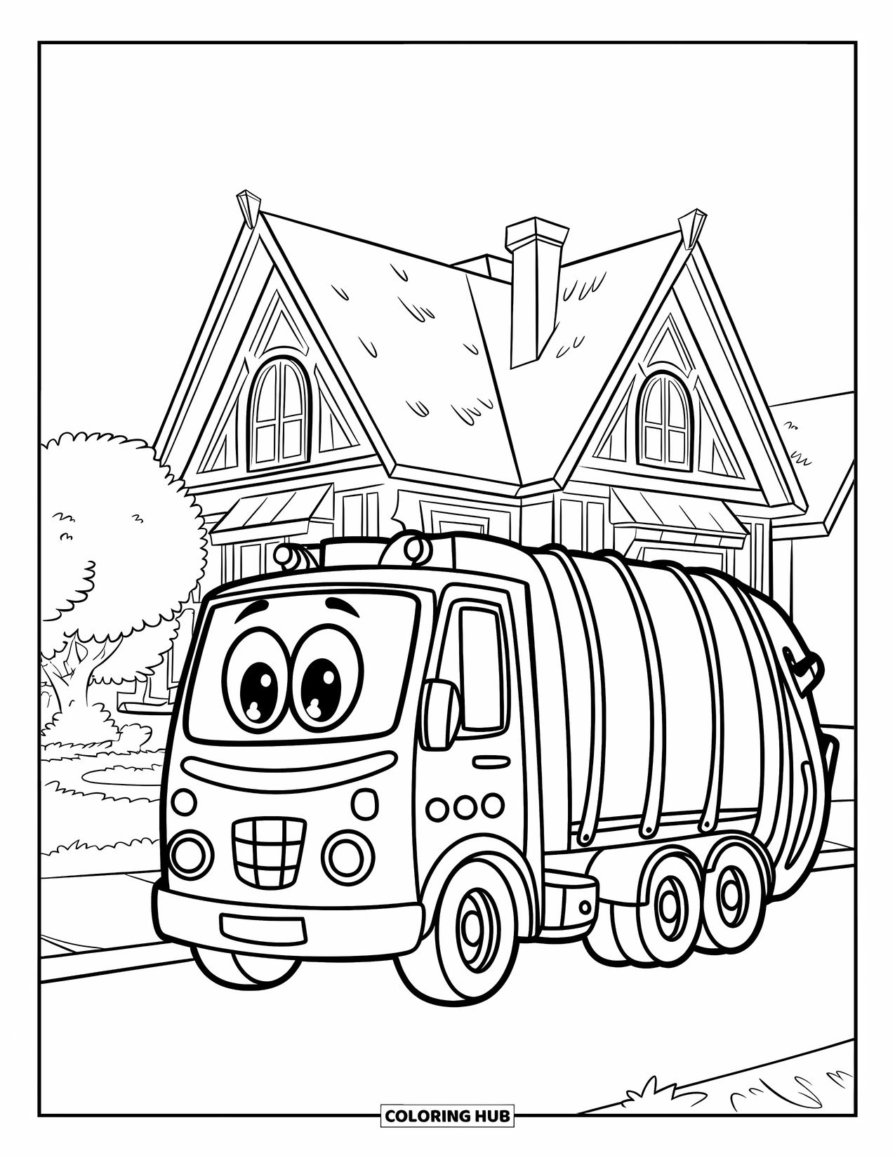 Trash Truck Coloring Page for Kids: A smiling trash truck parks near a cute house with a big bin and clear skies