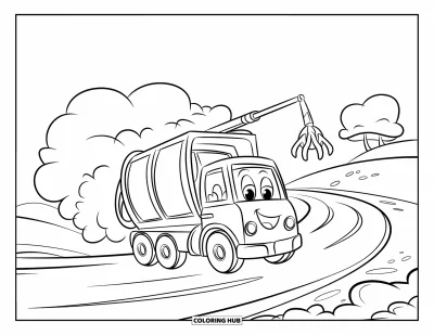 Coloriage de camion poubelle pour enfants : Un camion poubelle souriant file sur un chemin en laissant de petits nuages de fumée derrière lui