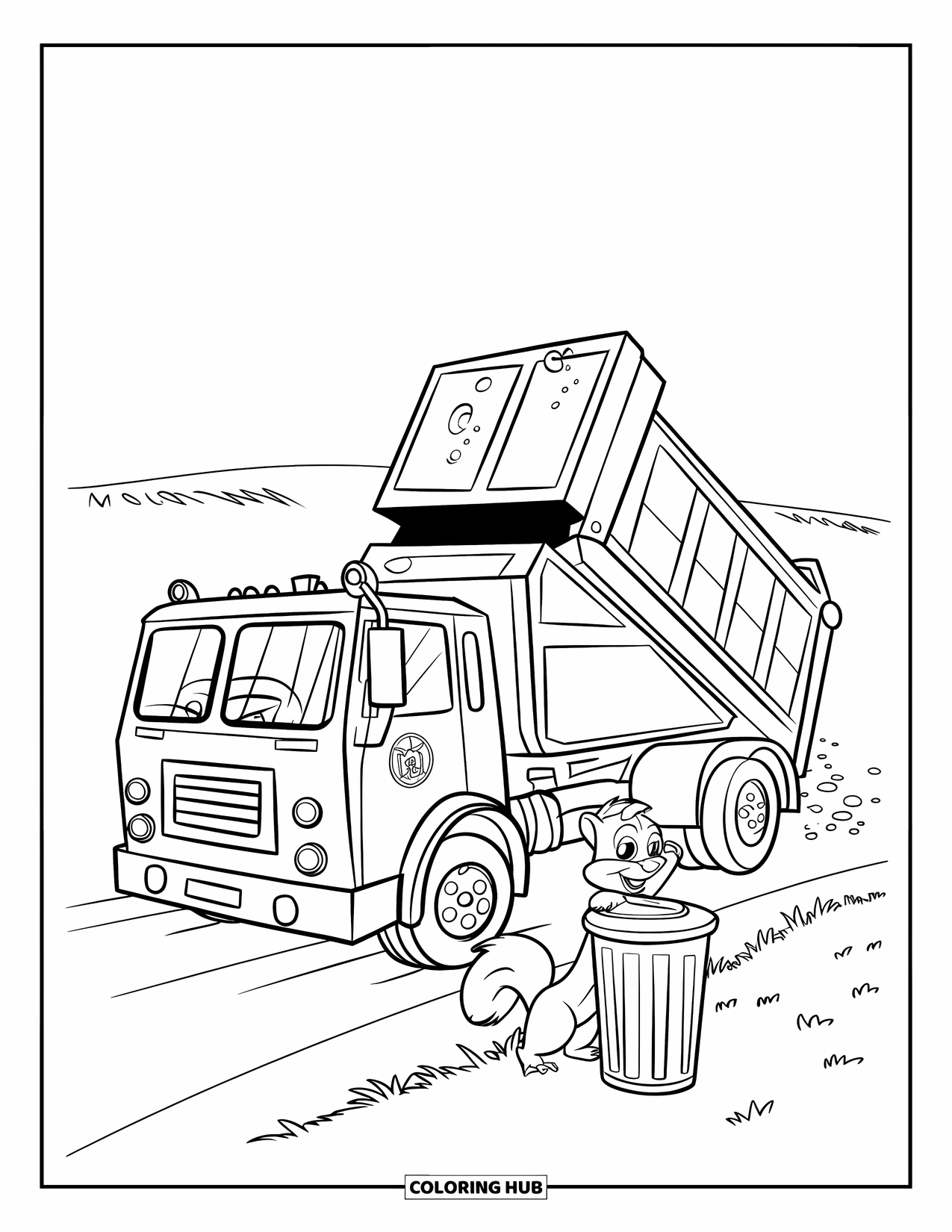 Trash Truck Coloring Page for Kids: A smiling truck empties trash as a squirrel watches from the field