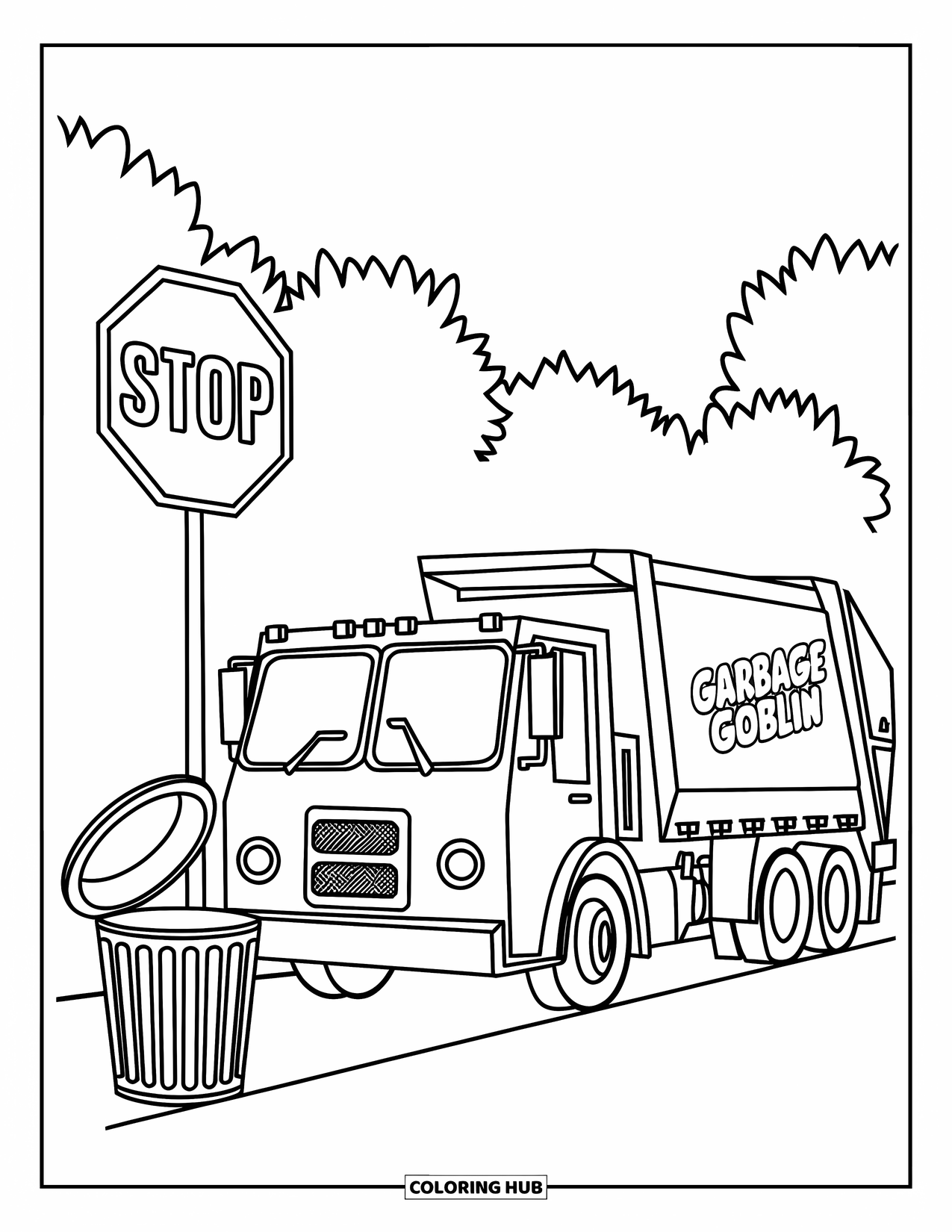 Trash Truck Coloring Page for Kids: A smiling truck labeled "Garbage Goblin" parks beside trees and a stop sign