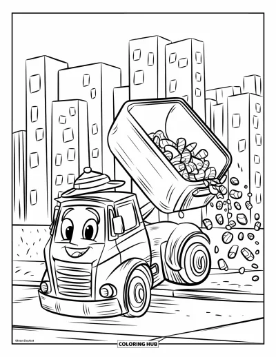Coloriage de camion poubelle pour enfants : Un camion souriant soulève des ordures dans sa benne tandis que des gratte-ciels et des ponts remplissent le décor