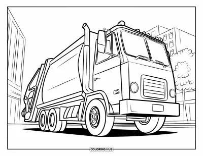 Coloriage de camion poubelle pour enfants : Un imposant camion poubelle passe devant des immeubles et des arbres avec un style audacieux et ludique