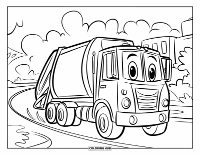Coloriage de camion poubelle pour enfants : Un camion poubelle longe des arbres avec un bras articulé sur un chemin paisible