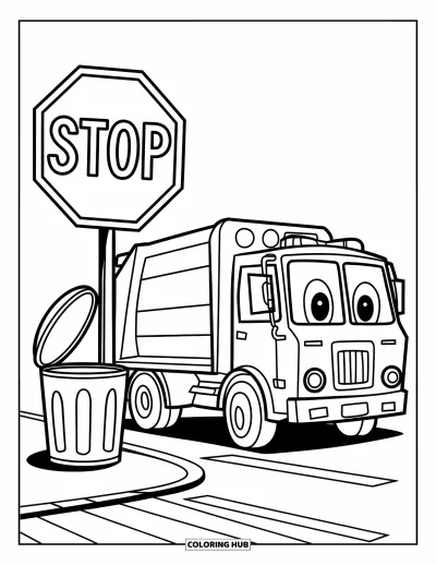 Coloriage de camion poubelle pour enfants : Un camion poubelle en uniforme s'arrête près d'une poubelle et d'un panneau stop bien visible