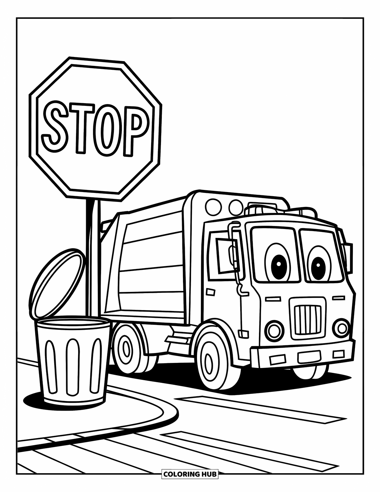 Trash Truck Coloring Page for Kids: A trash truck in uniform stops near a can and a bold stop sign