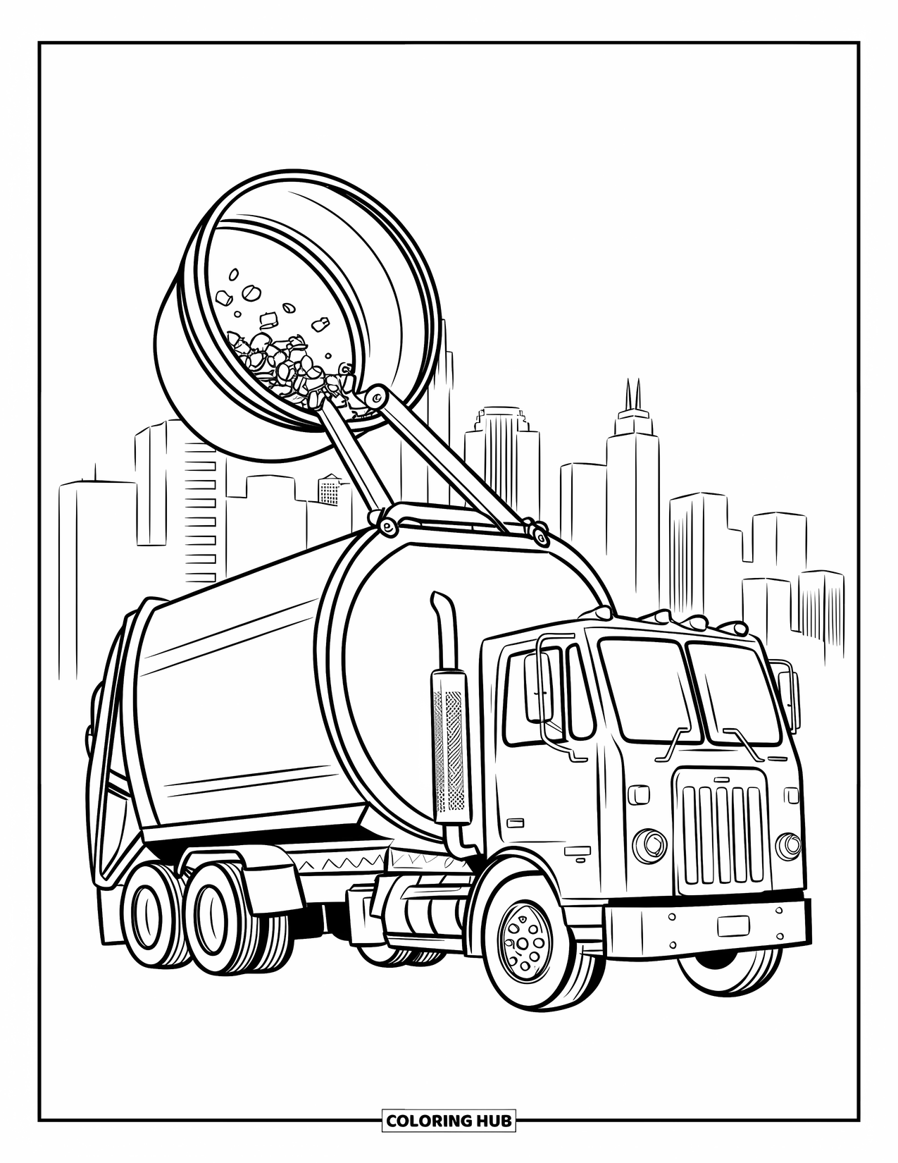 Trash Truck Coloring Page for Kids: A trash truck lifts and dumps trash into its bin beside a city skyline