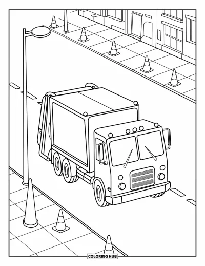 Coloriage de camion poubelle pour enfants : Un camion poubelle descend une rue en pente avec des cônes et des trottoirs