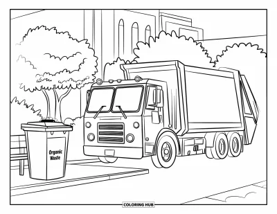 Coloriage de camion poubelle pour enfants : Un camion se gare près d'un petit parc avec une benne bio étiquetée et de grands arbres