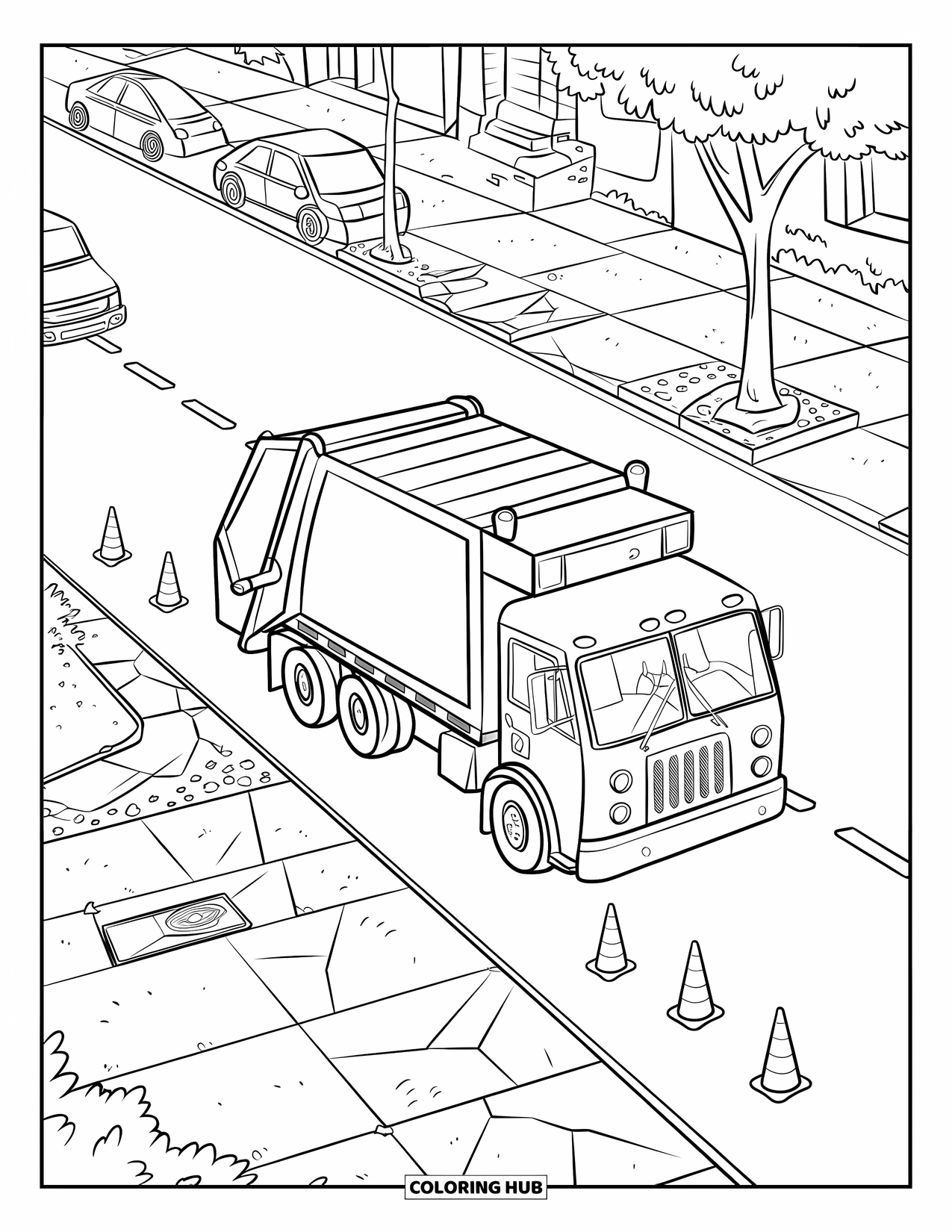 Trash Truck Coloring Page for Kids: A trash truck passes cars and trees on a bumpy street with buildings