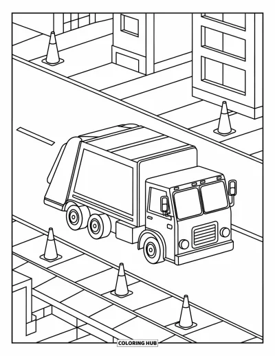 Coloriage de camion poubelle pour enfants : Un camion poubelle descend une rue en pente avec des cônes et des bâtiments tout autour
