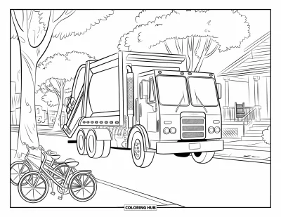Coloriage de camion poubelle pour enfants : Un éboueur accompagne un camion dans une rue calme avec des vélos, des arbres et des porches