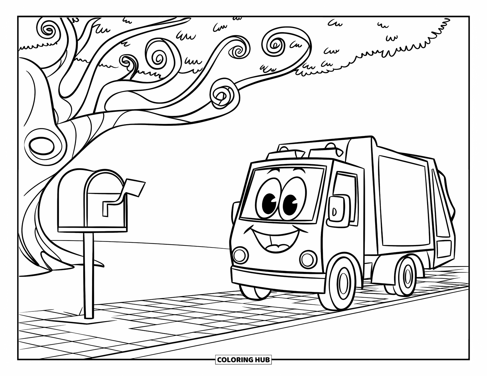 Trash Truck Coloring Page for Kids: A truck grins near a swirly-branched tree, a blue mailbox, and brick path