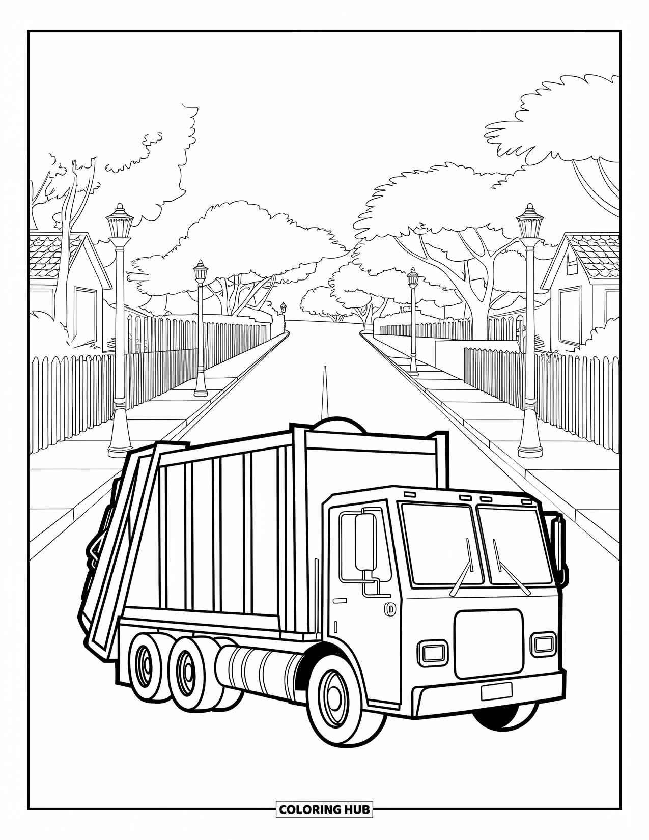 Trash Truck Coloring Page for Kids: A truck makes a slow U-turn beside homes, fences, and street lamps