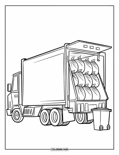 Coloriage de camion poubelle pour enfants : Un camion ouvre sa porte arrière, révélant des sacs poubelles bien rangés près d'une petite benne