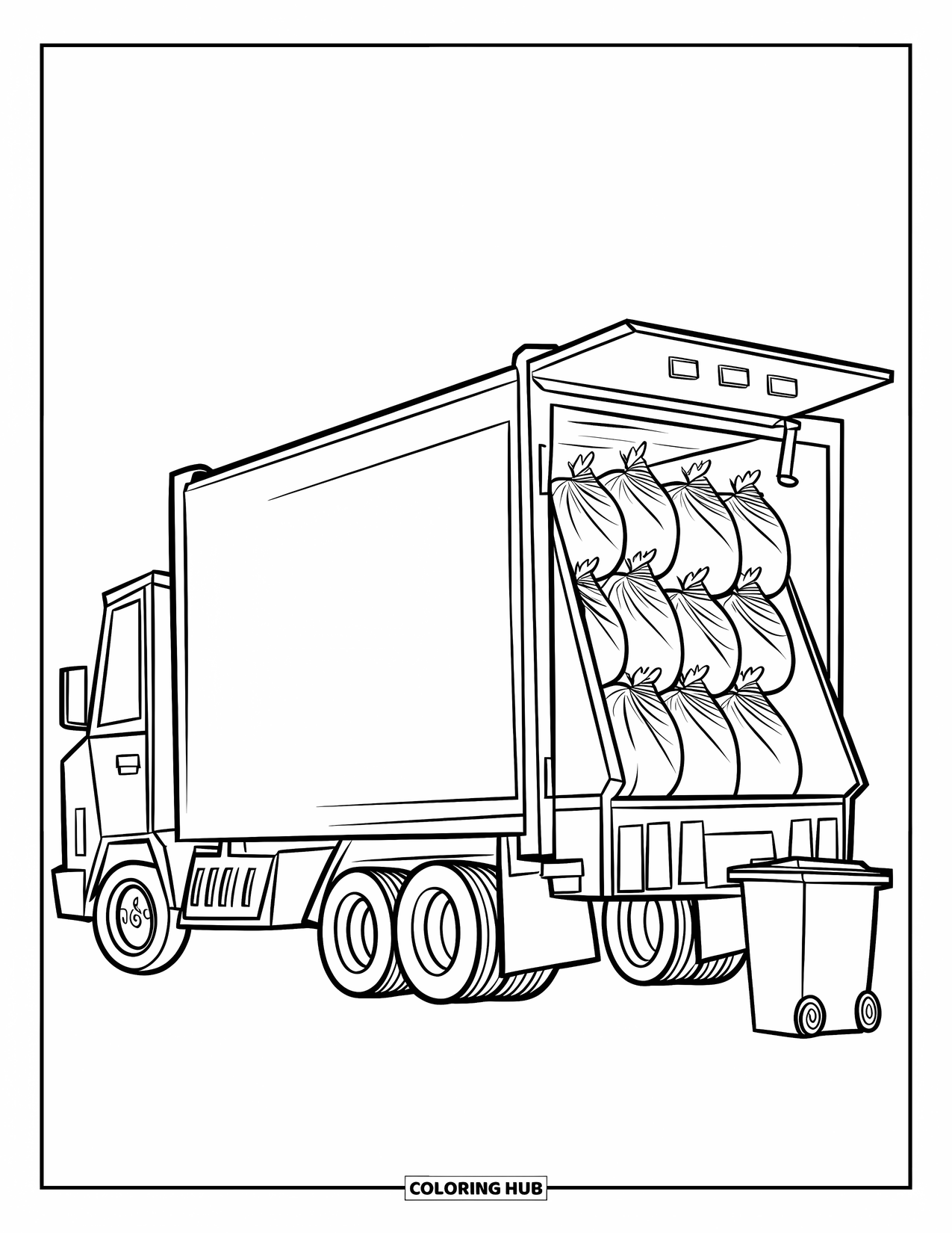 Trash Truck Coloring Page for Kids: A truck opens its back door, showing neat trash bags beside a small waste bin