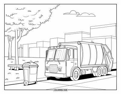 Coloriage de camion poubelle pour enfants : Un camion s'arrête près d'un parc avec une poubelle, un banc et des bâtiments en arrière-plan