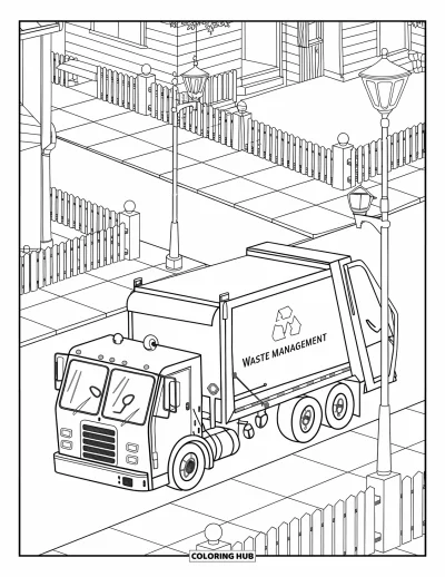 Coloriage de camion poubelle pour enfants : Un camion "Waste Management" tourne dans une rue clôturée avec des maisons chaleureuses et des lampadaires