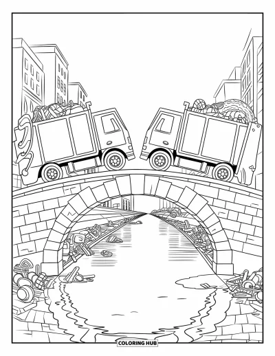 Coloriage de camion poubelle pour enfants : Des camions poubelles traversent un pont au-dessus d'une rivière paisible et d'une ligne d'horizon urbaine