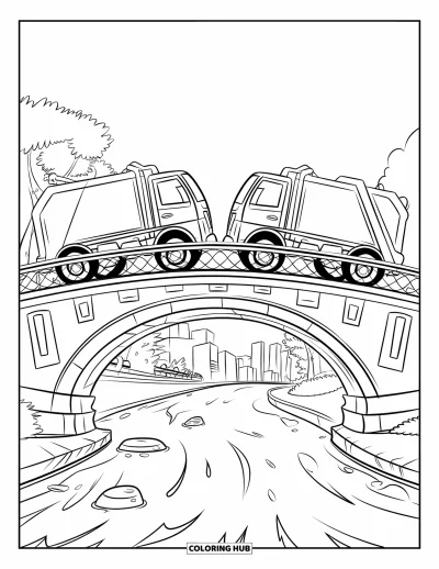 Coloriage de camion poubelle pour enfants : Deux camions poubelles se croisent sur un pont avec des rochers et des bâtiments en arrière-plan