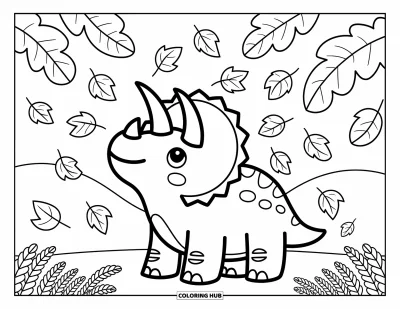 Coloriage de tricératops pour adultes : Un tricératops attendrissant regarde des feuilles tombées se poser doucement sur sa collerette et son dos