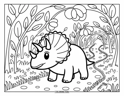 Coloriage de tricératops pour adultes : Un tricératops heureux suit un chemin sinueux sous des arches de tiges fleuries et de feuilles