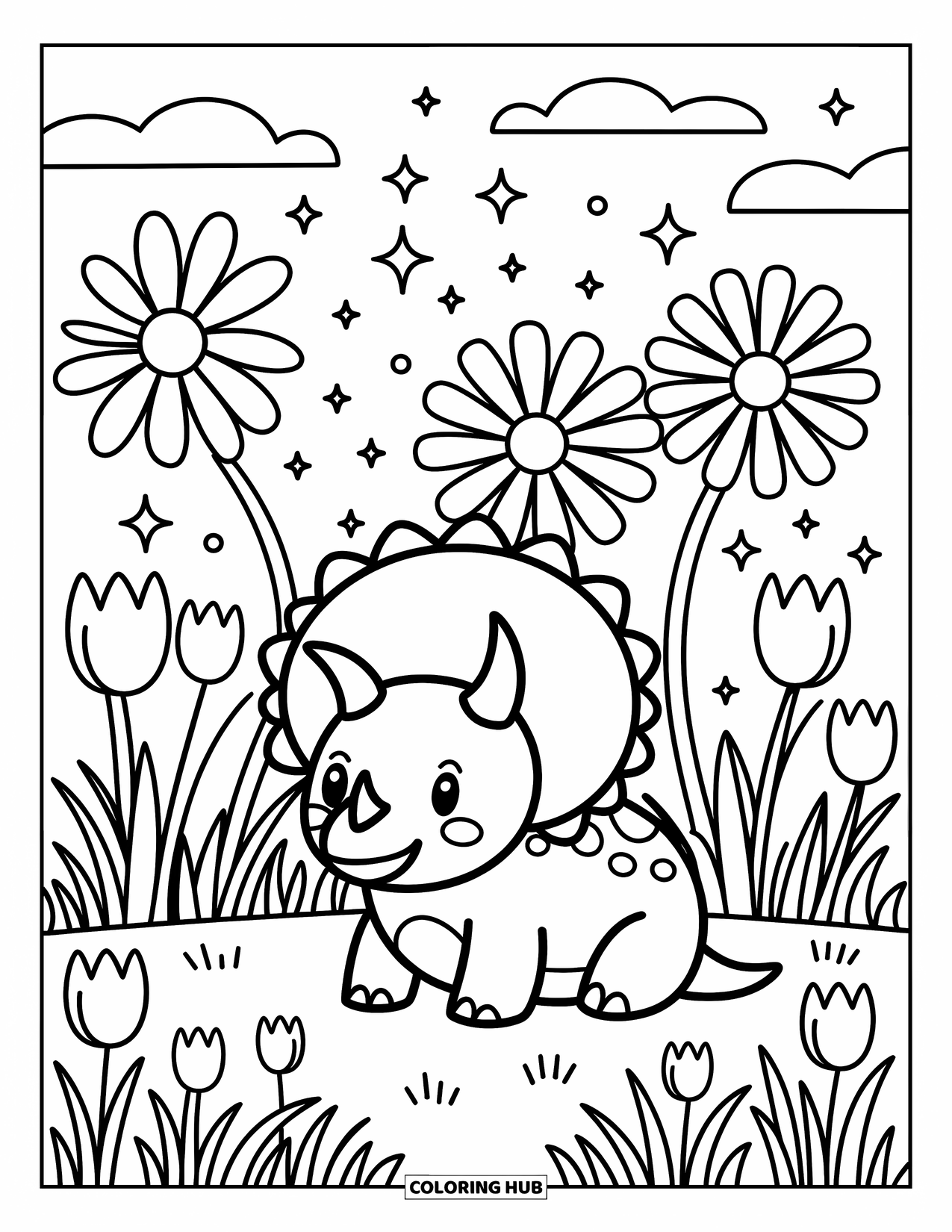 Triceratops Coloring Page for Adults: A kawaii triceratops relaxes in a meadow surrounded by blooming flowers and soft sparkles