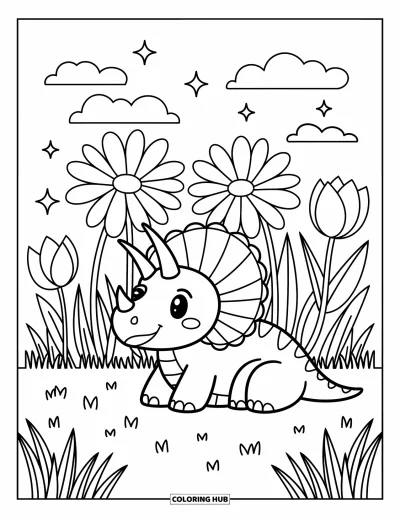 Coloriage de tricératops pour adultes : Un tricératops paisible se repose dans un pré fleuri avec des étincelles dans le ciel