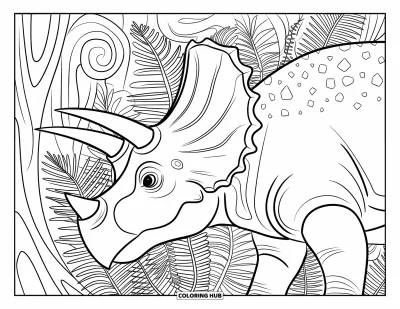 Coloriage de tricératops pour adultes : Un tricératops vu de profil se tient parmi des fougères et des motifs tourbillonnants