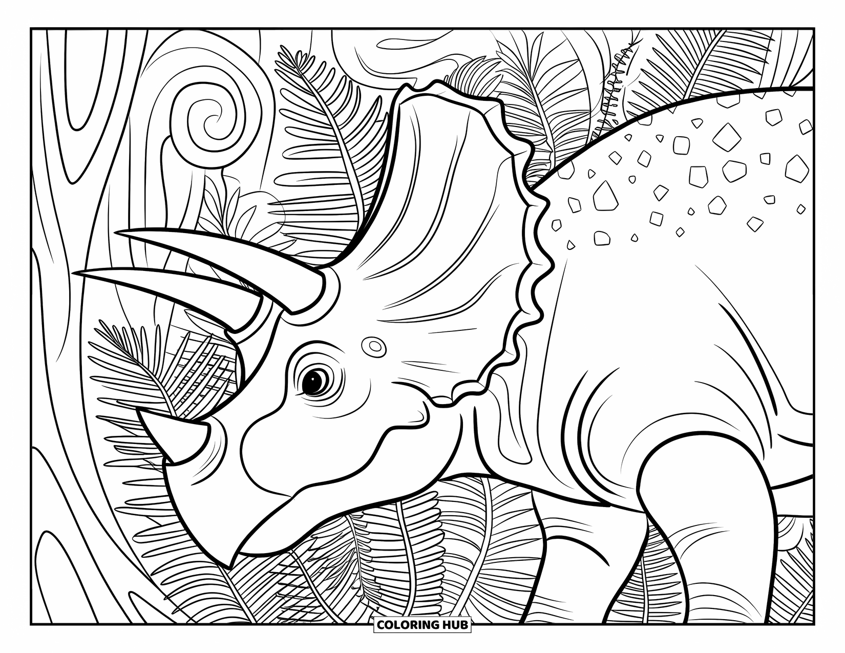 Triceratops Coloring Page for Adults: A side-view triceratops stands with ferns and swirling patterns around it