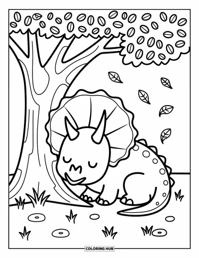 Coloriage de tricératops pour adultes : Un tricératops somnolent se love sous un arbre feuillu entouré de galets et d'une légère brise