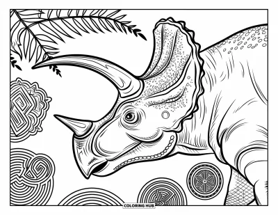 Coloriage de tricératops pour adultes : Un tricératops texturé est encadré par de grandes fougères et des motifs de spirales complexes