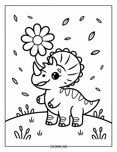Coloriage de tricératops pour adultes : Un tricératops équilibre une fleur sur son museau avec des feuilles flottant tout autour