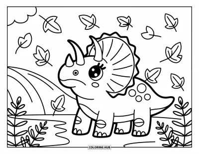 Coloriage de tricératops pour adultes : Un tricératops profite des feuilles qui tombent avec des fougères et une douce colline en arrière-plan