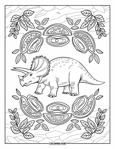 Coloriage de tricératops pour adultes : Un tricératops est entouré de lianes symétriques et de motifs de mandala inspirés des fossiles