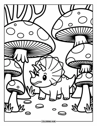Coloriage de tricératops pour adultes : Un tricératops se repose sous une douce arche de champignons bienveillants et de plantes fantaisistes