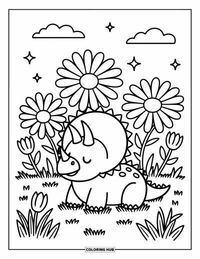 Coloriage de tricératops pour adultes : Un tricératops est assis joyeusement dans un pré rempli de grandes marguerites et de tulipes