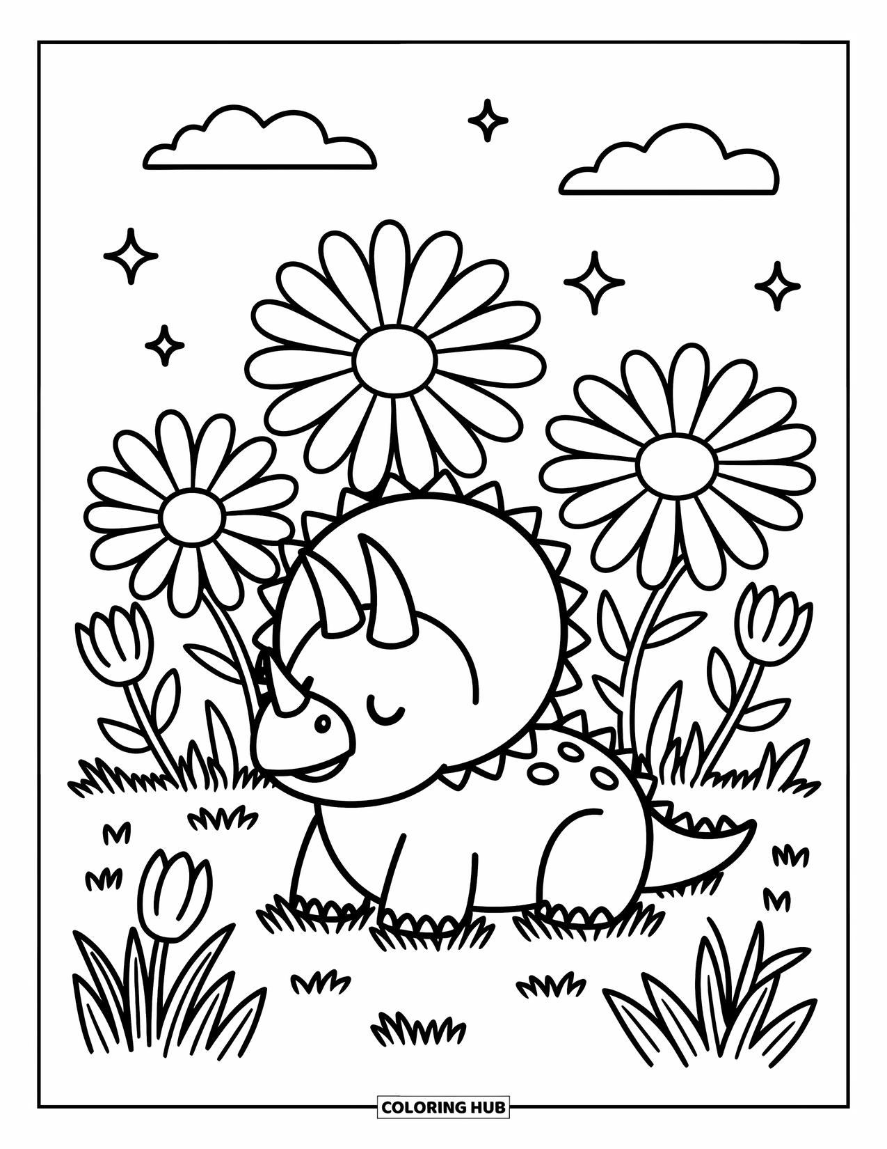 Triceratops Coloring Page for Adults: A triceratops sits happily in a meadow full of giant daisies and tulips