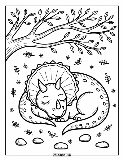 Coloriage de tricératops pour adultes : Un tricératops somnole sous un arbre tandis que des feuilles et des galets se dispersent doucement alentour