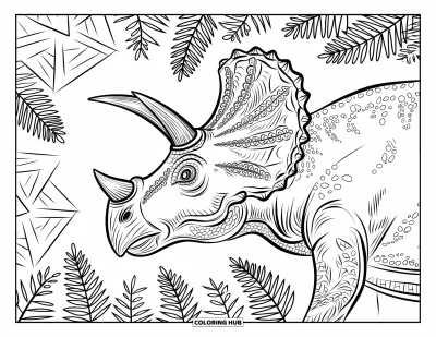 Coloriage de tricératops pour adultes : Un tricératops se tient parmi des fougères et des motifs géométriques tourbillonnants