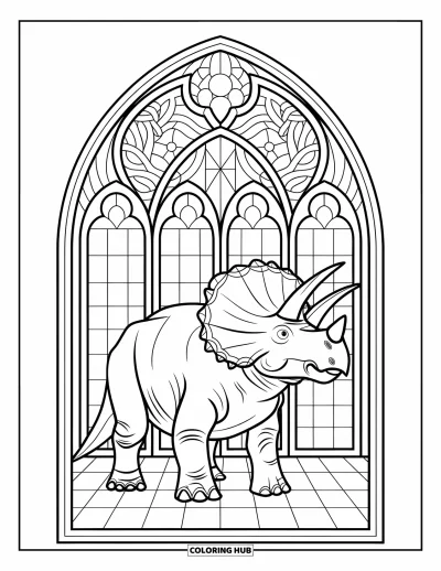 Coloriage de tricératops pour adultes : Un tricératops se tient dans une fenêtre à l'style cathédrale avec un sol carrelé et des ornements élaborés