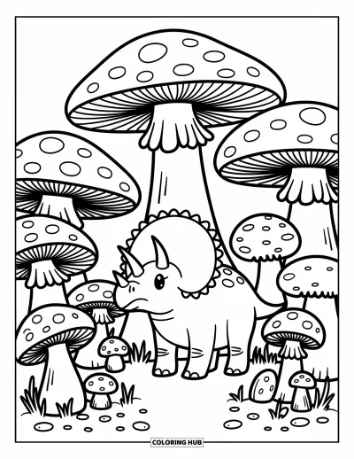 Coloriage de tricératops pour adultes : Un tricératops se tient dans un cercle de champignons douillet avec de petites plantes et des courbes délicates