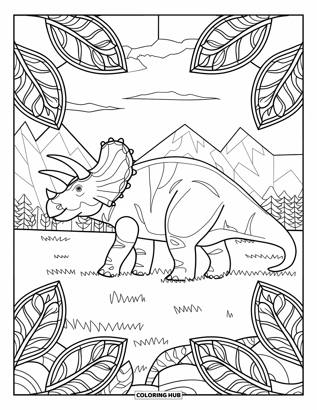Triceratops Coloring Page for Adults: A triceratops stands in a field, framed by leafy stained glass shapes