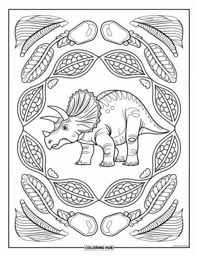 Coloriage de tricératops pour adultes : Un tricératops se tient dans un mandala inspiré des fossiles fait de lianes et de motifs feuillus