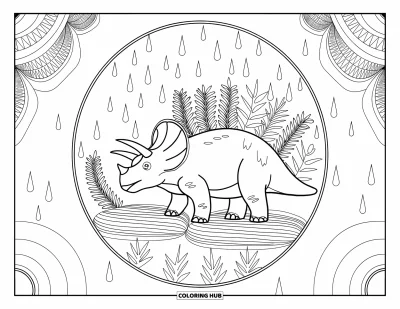 Coloriage de tricératops pour adultes : Un tricératops se tient au centre d'un cercle rempli de spirales et de gouttes de pluie