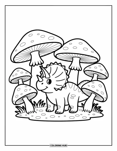 Coloriage de tricératops pour adultes : Un tricératops se tient au centre d'un anneau de grands champignons penchés comme un abri