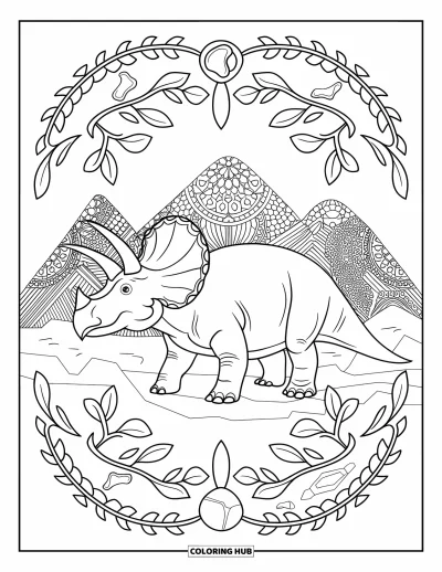 Coloriage de tricératops pour adultes : Un tricératops se tient sur un sol rocheux parmi des lianes de mandala et des montagnes à motifs au loin