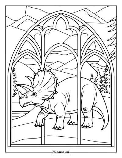 Coloriage de tricératops pour adultes : Un tricératops se dresse fièrement dans un vitrail avec un lac calme et des arbres en arrière-plan